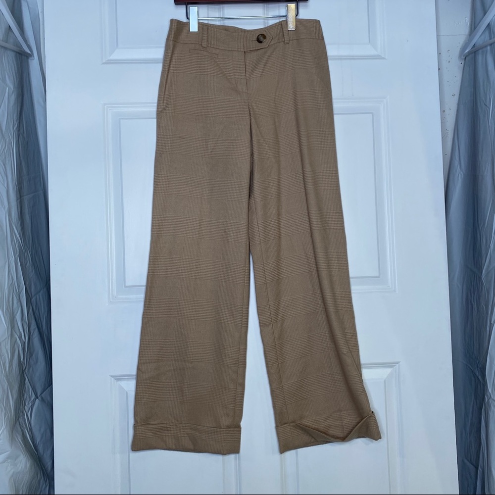 Ann Taylor Lindsay Wide Leg Cuffed Dress Pants Tan Plaid Size 6 Fully Lined